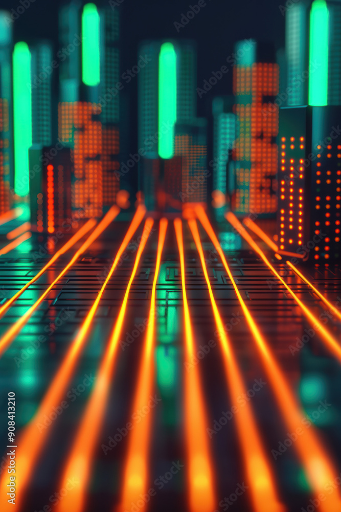 Aufkleber futuristic cityscape with glowing neon lights and abstract buildings. high-tech urban architecture r