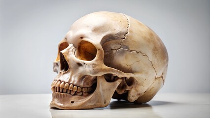 Obraz premium Aged skull with cracks, ideal for historical or anatomical references. High detail with a weathered, realistic look