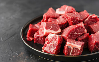 Close-up of fresh, raw beef cubes on a black plate against a dark background, perfect for culinary and food-related projects.