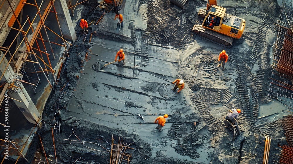 Poster construction site of buildings pouring cement top view new screed concrete with leveling mortar for 