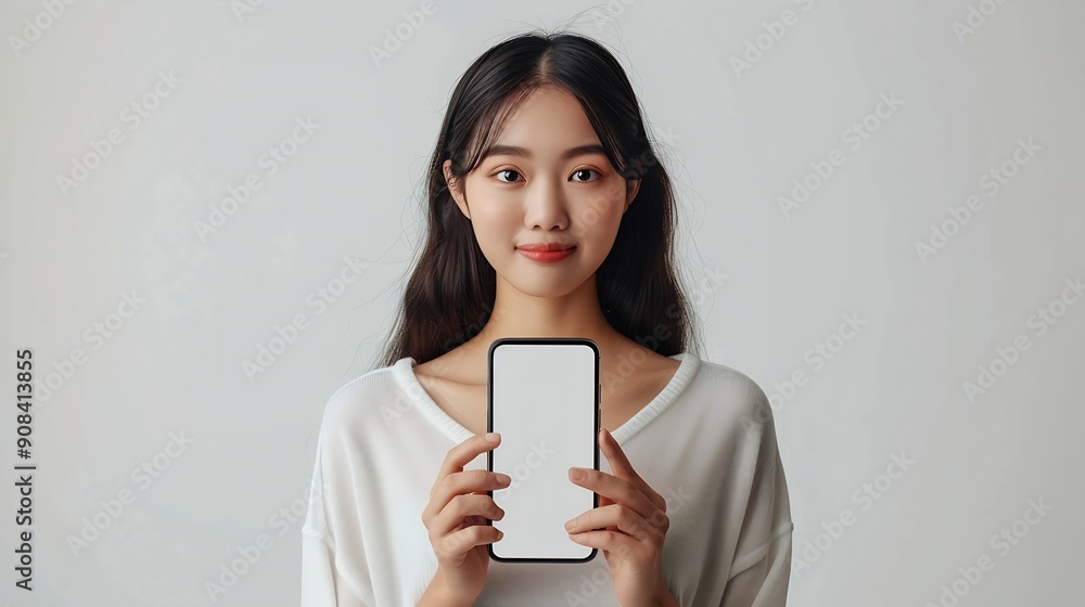 Poster beautiful asian young woman showing big smart phone with blank screen white screen empty copy space 