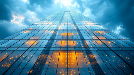 A tall building with many windows and a cloudy sky in the background
