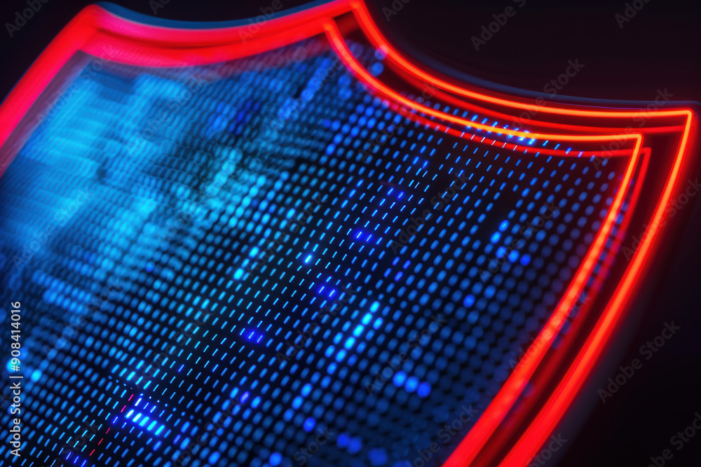 Poster futuristic digital shield with neon lights and binary code, representing cybersecurity and data prot