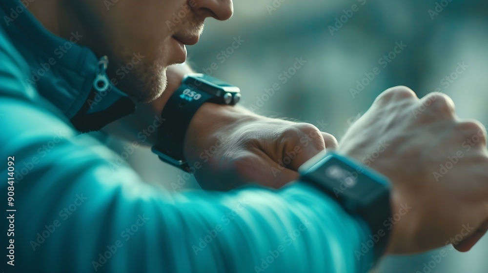 Aufkleber Mid adult man using smart watch during training Heart monitor beats with wristwatch smart watch or future data on healthcare technology in use of smart watch for health condition : Generative AI