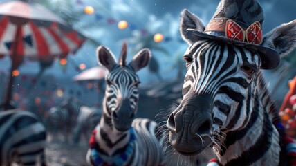 Group of zebras in high-end attire at moonlit soir&eacute;e.