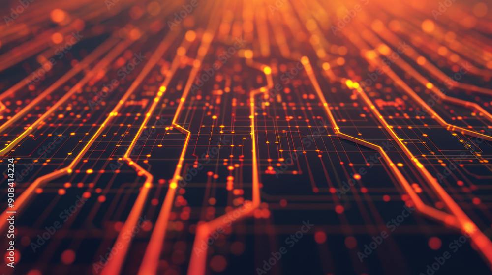 Poster abstract digital background featuring glowing orange and red lines and dots representing a futuristi