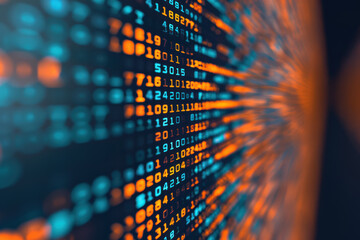 Obraz premium Abstract close-up of digital data code in a field, depicting information technology and cyber security concepts with blue and orange colors.