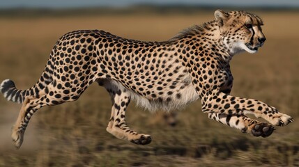 A sleek cheetah in mid-sprint across the savannah, its powerful muscles and intense gaze highlighting its incredible speed and agility.