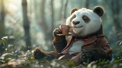 Dapper panda sipping tea in bamboo forest.
