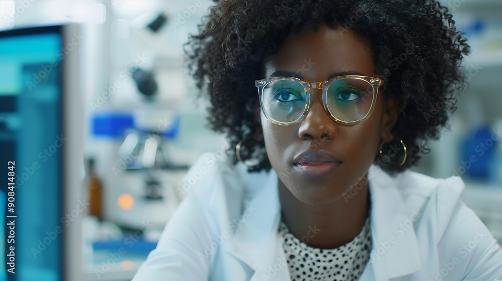 Poster A focused african american woman scientist working on a computer in a laboratory setting : Generative AI
