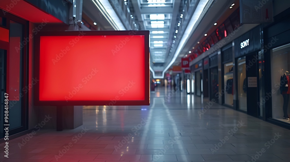 Poster red blank sign inside shopping mall mock up advertise display frame setting over the clothes line in the shopping department store for shopping business fashion and advertisement conce : Generative AI