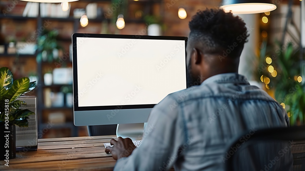 Aufkleber unrecognizable black businessman using computer with empty blank screen sitting at workplace in offi
