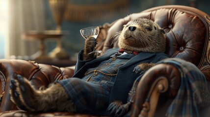 Obraz premium Dapper seal in tuxedo balancing martini glass on nose.