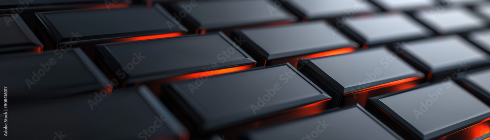 Poster close-up of sleek black keyboard with red backlight, showing detailed keys and modern design, ideal 