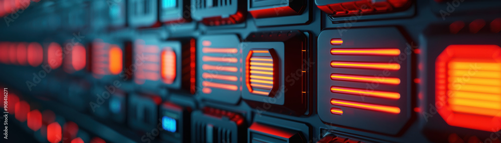 Poster futuristic server room illuminated with red and blue lights, showcasing modern technology infrastruc