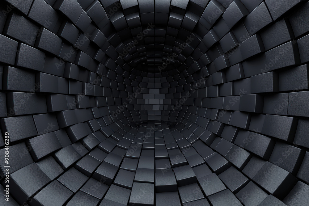 Poster abstract digital art featuring a black geometric tunnel made of interlocking square blocks, creating