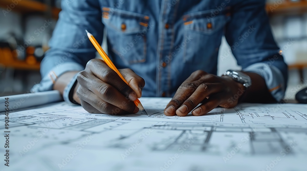 Leinwandbilder black man office and drawing on blueprint with pencil for planning a building design layout and proj