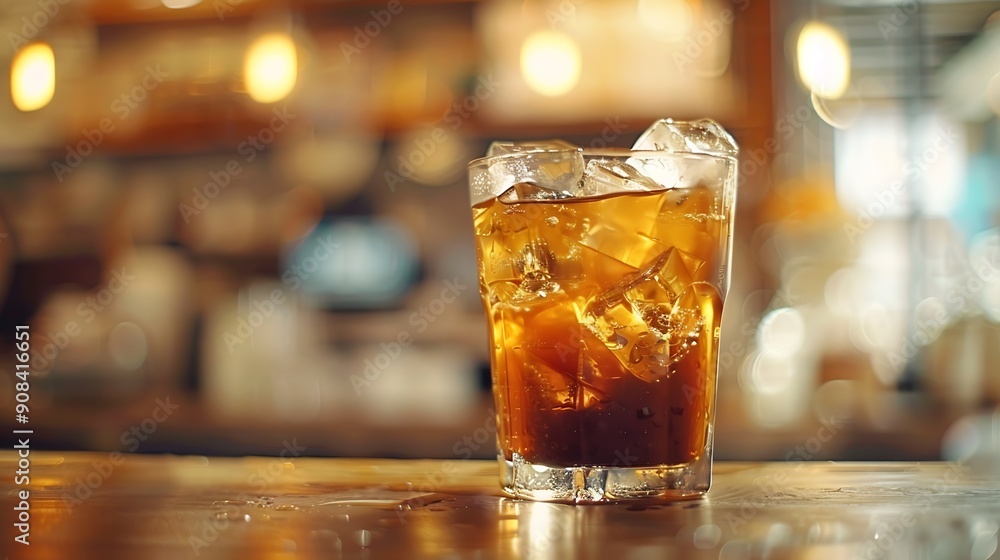 Poster iced coffee with ice cubes in a glass on the table : generative ai