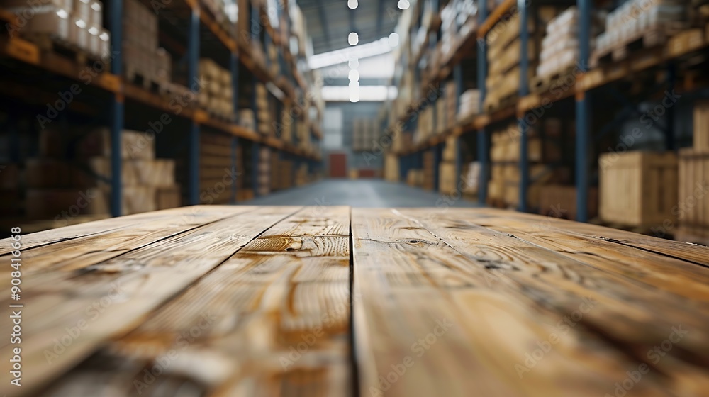 Aufkleber the empty wooden table top with blur background of warehouse storage exuberant image : generative ai