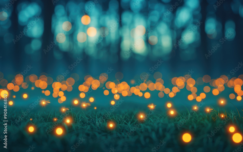 Poster magical forest with glowing fireflies illuminating the grassy ground during twilight, creating an en