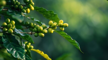 Closeup of unripe green coffee fruits on tree branch with leaves growing on plantation in Armenia city in Quindio Department of Colombia : Generative AI