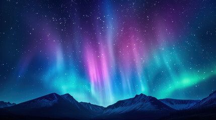 Obraz premium A breathtaking aurora borealis lights up the night sky with vibrant colors over snowy mountains, creating a mesmerizing natural phenomenon.