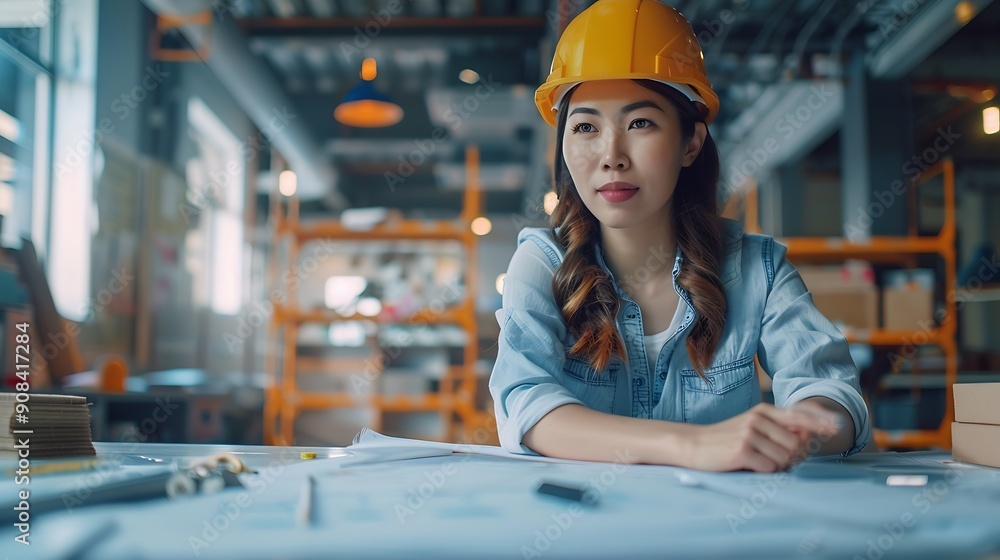 Aufkleber diverse engineer team working at the office table with construction plans and architect equipment an