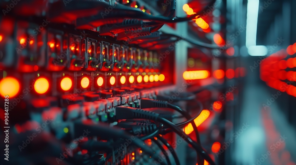 Poster blur technology data center room defocus fiber optic cable and network router switch in data center room for background and wallpaper : Generative AI
