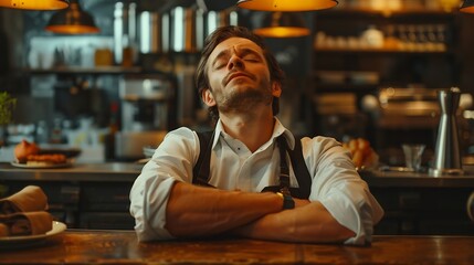Overworked butler stretching in studio feeling exhausted after long busy day at restaurant Professional stylish waiter falling asleep and suffering from burnout feeling sleepy on camer : Generative AI