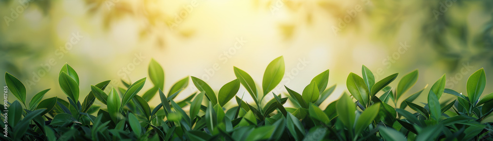 Poster sunlight filters through lush green leaves, creating a peaceful, serene natural setting perfect for 