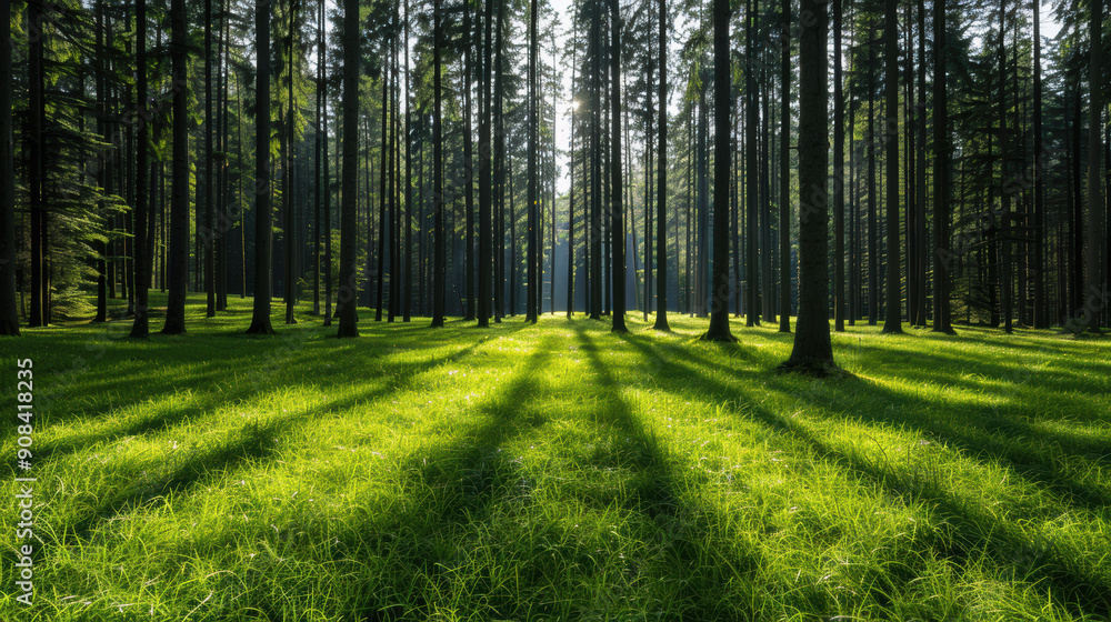 Aufkleber sunlight filtering through tall trees in a serene forest, casting long shadows on the lush green gra