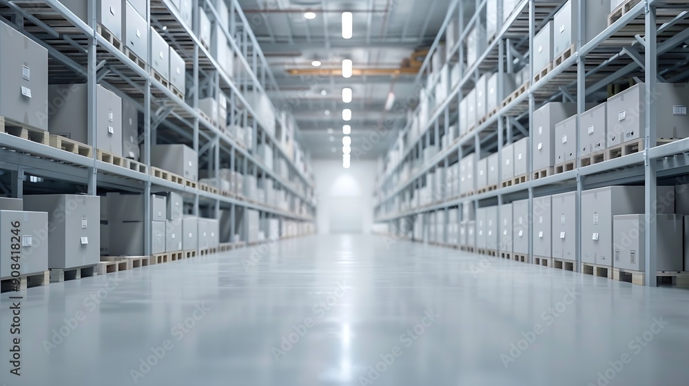 Poster rows of shelves with boxes in the factory warehouse a perfectly white clean warehouse smooth boxes s