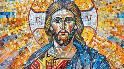 A mosaic of Jesus Christ, calm expression, blessing gesture, near a golden halo background