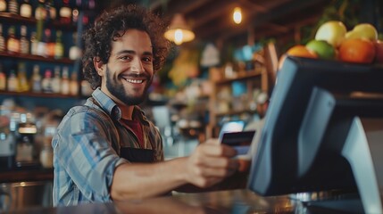 Happy young adult man paying the bill with a contactless credit card on a restaurant bar or coffee shop Handsome male smiling holding a creditcard and giving a payment transaction to t : Generative AI