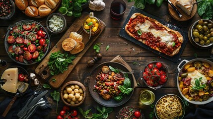 Fototapeta premium Delicious Italian Food on Wooden Table - A Feast for the Senses