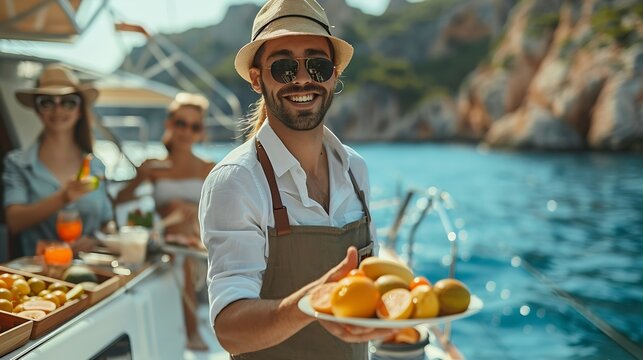 Male waiter serving fresh fruit to tourist while catamaran boat sailing in the sea in sunny day Man and woman friends relax and enjoy luxury outdoor lifestyle sail yacht on summer trav : Generative AI