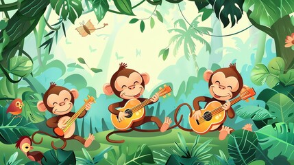 Three monkeys play guitars in a lush jungle setting.