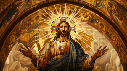 Naklejka premium A mosaic of Jesus Christ, compassionate expression, open arms, with a church interior background