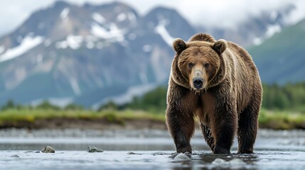 Obraz premium Brown bear Ursus Arctos stands in the water behind mountains Katmai National Park Alaska USA : Generative AI