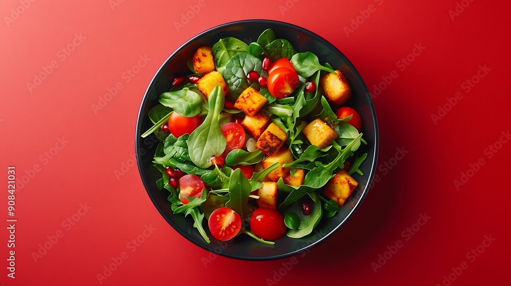Poster vegetarian green salad on trendy red background with hard shadow green bowl with vegetables and tofu