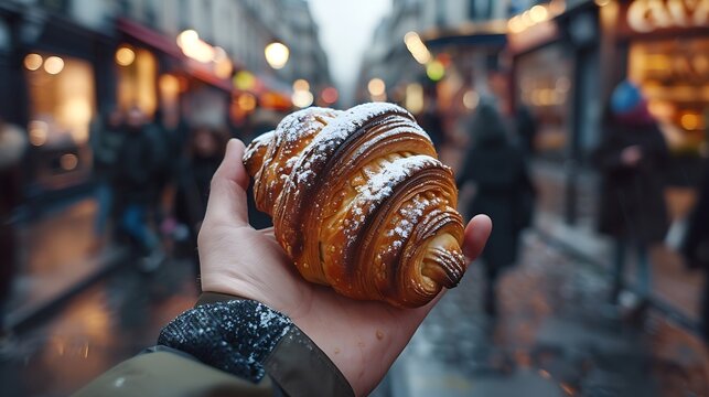 an hand holding a Pain au Chocolat in the streets of Paris  french patries : Generative AI