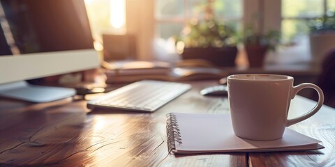  A high-resolution photo of a clean, organized desk with a computer, coffee cup, and planner, soft colors