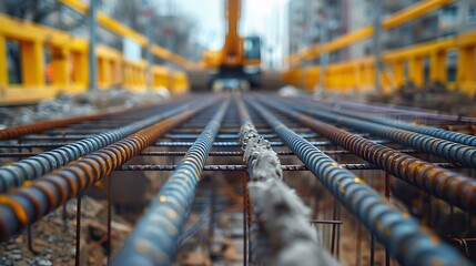 Large reinforced concrete structures at the construction site Preparation for the installation of reinforced concrete products Construction work on the construction of foundations : Generative AI