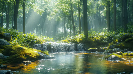 A stream of water flows through a lush green forest