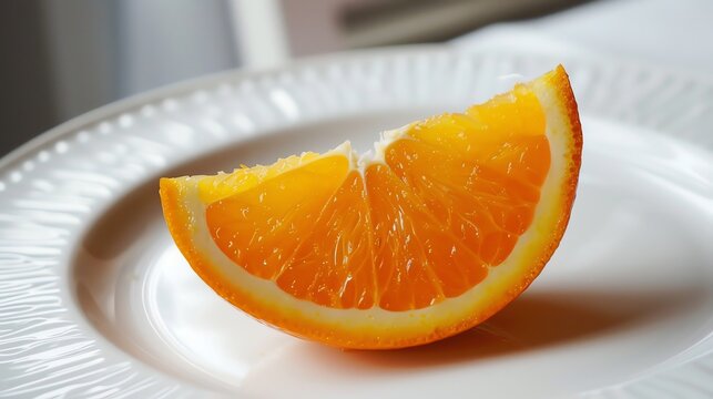 A slice of orange on a white plate. - Powered by Adobe