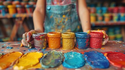 A child's hand in paint with jars of various colors