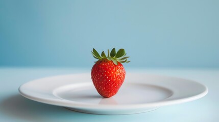 A single ripe strawberry on a white plate.