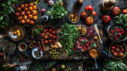 Naklejka premium Food Photography Still Life with Tomatoes, Herbs, and Spices - Realistic Food Photography