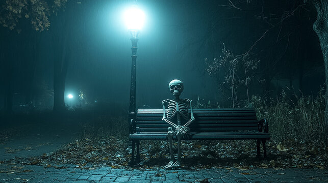 A skeleton is sitting on a bench in the dark