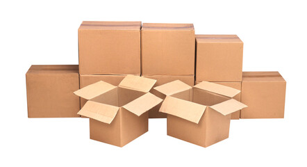 carton box open with brown color as delivery houshold cardboard box, for moving, packaging or packing, some product in business object transportation., like shipping, Isolated on white background. 